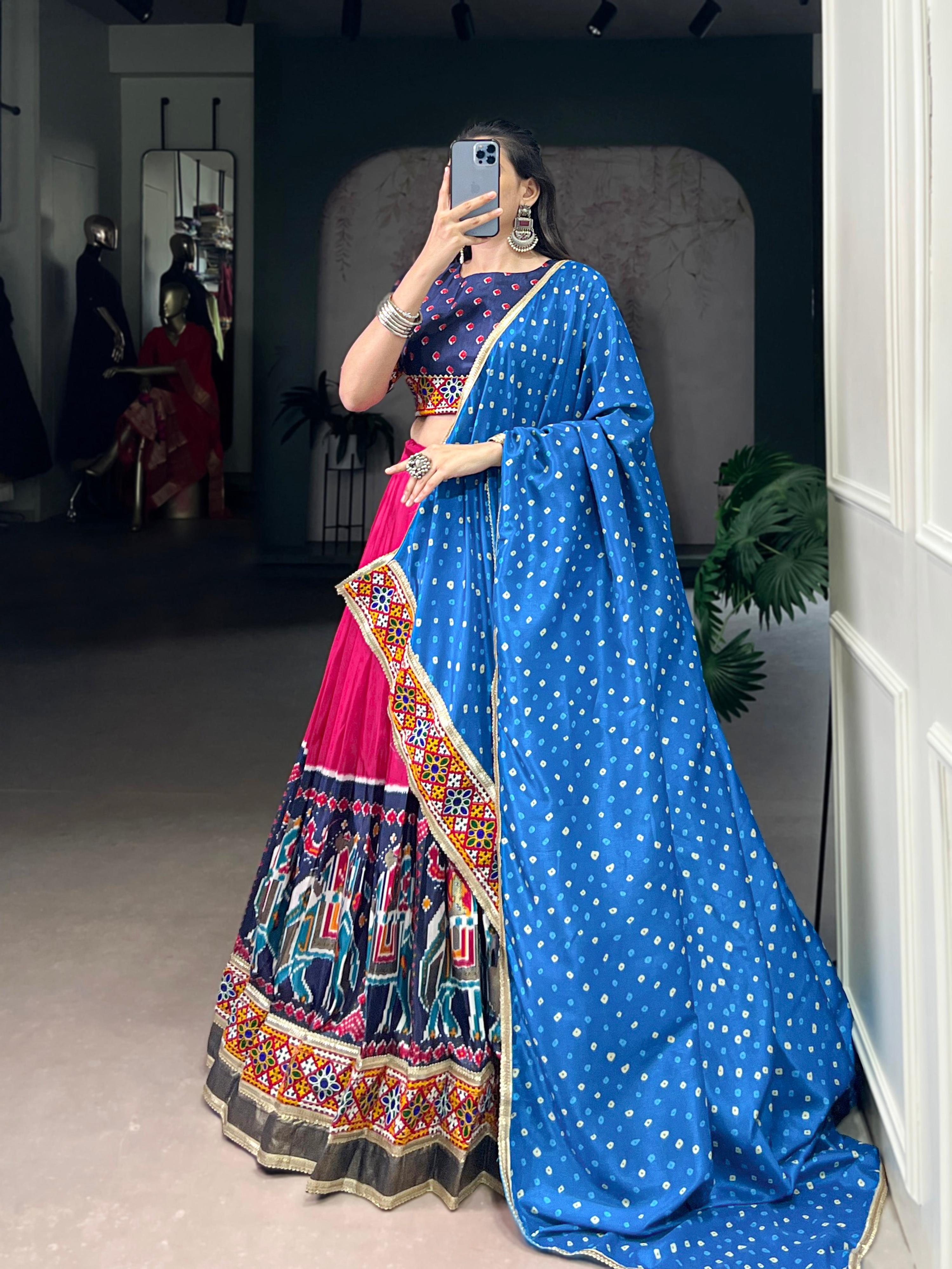 Lorenvalley Fashion Pink Tasar Silk Print with Foil Work and Real Mirror Gamthi Work with Lace Touch Up Lehenga Choli with Dupatta