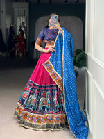 Thumbnail for Lorenvalley Fashion Pink Tasar Silk Print with Foil Work and Real Mirror Gamthi Work with Lace Touch Up Lehenga Choli with Dupatta
