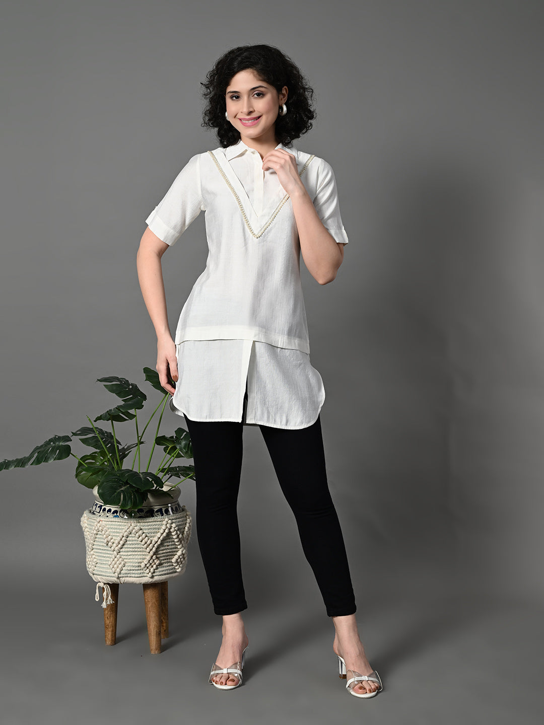 Myshka Women's Solid A-Line Collared Neck Casual Tunic In White Colour - Distacart