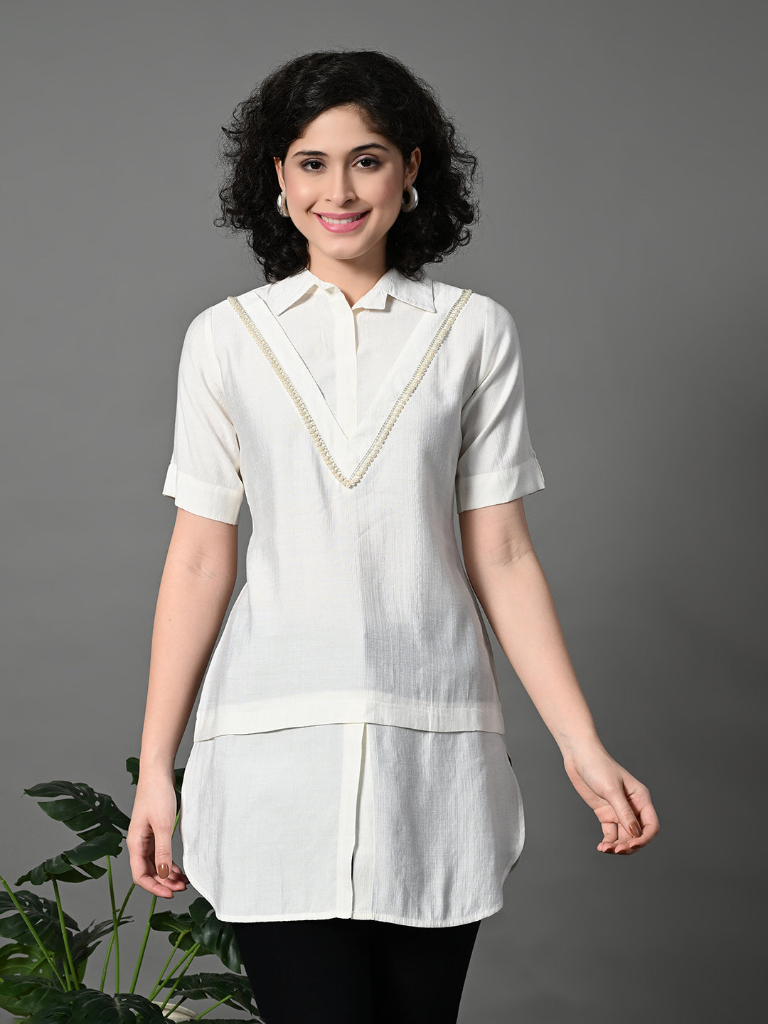 Myshka Women's Solid A-Line Collared Neck Casual Tunic In White Colour - Distacart
