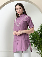 Thumbnail for Myshka Women's Solid A-Line Collared Neck Casual Tunic In Lavender Colour - Distacart
