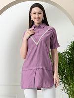 Thumbnail for Myshka Women's Solid A-Line Collared Neck Casual Tunic In Lavender Colour - Distacart
