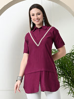 Thumbnail for Myshka Women's Solid A-Line Collared Neck Casual Tunic In Magenta Colour - Distacart