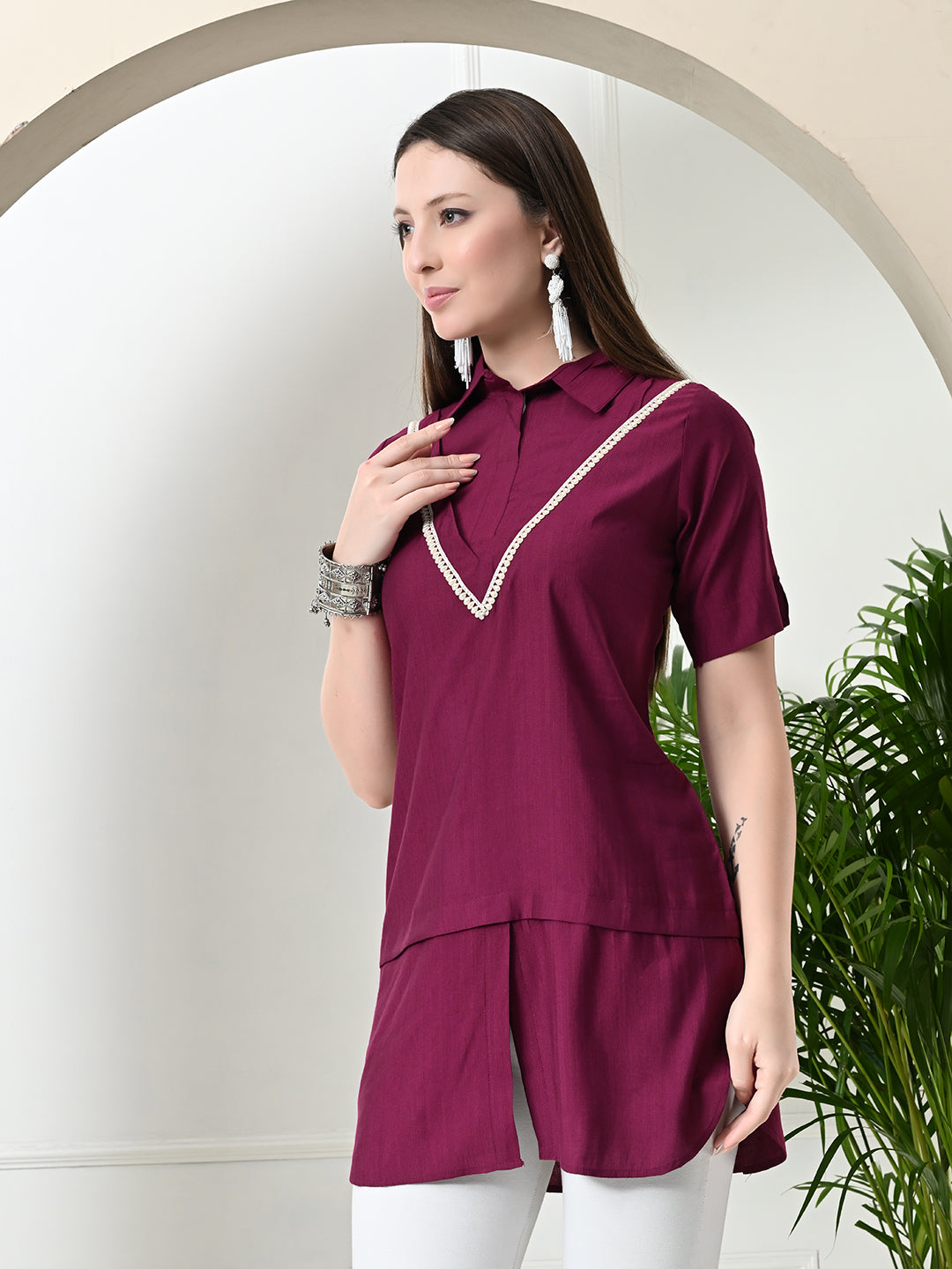 Myshka Women's Solid A-Line Collared Neck Casual Tunic In Magenta Colour - Distacart