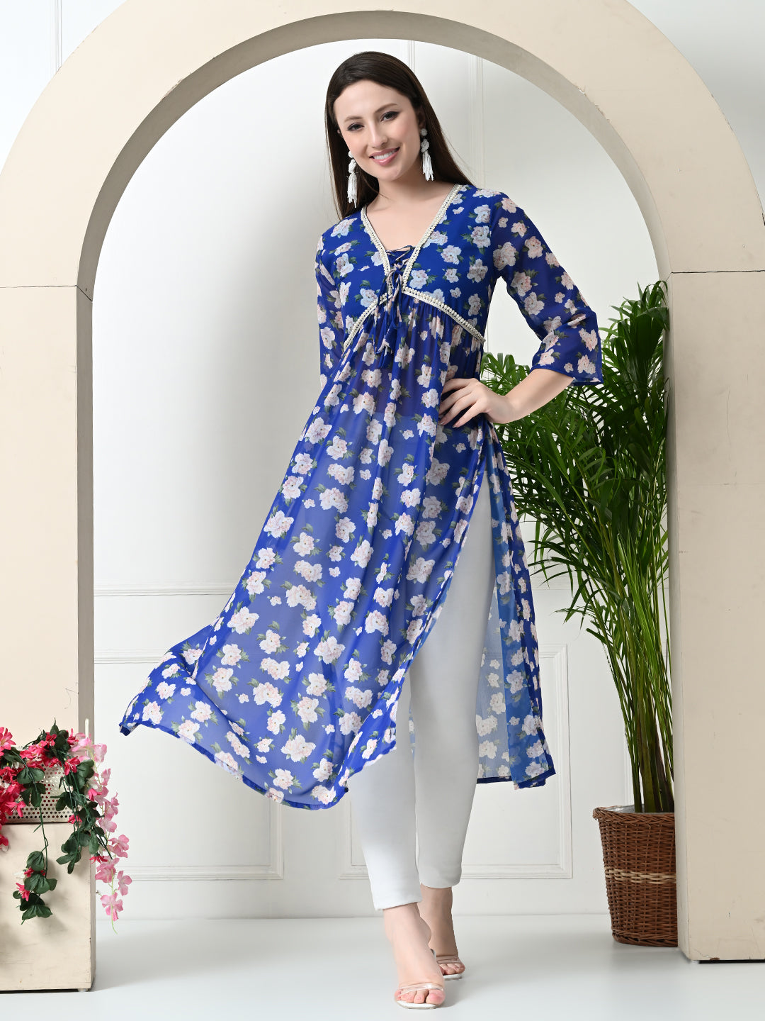 Myshka Women's Blue Printed Georgette A-Line Nyra-cut Kurta - Distacart