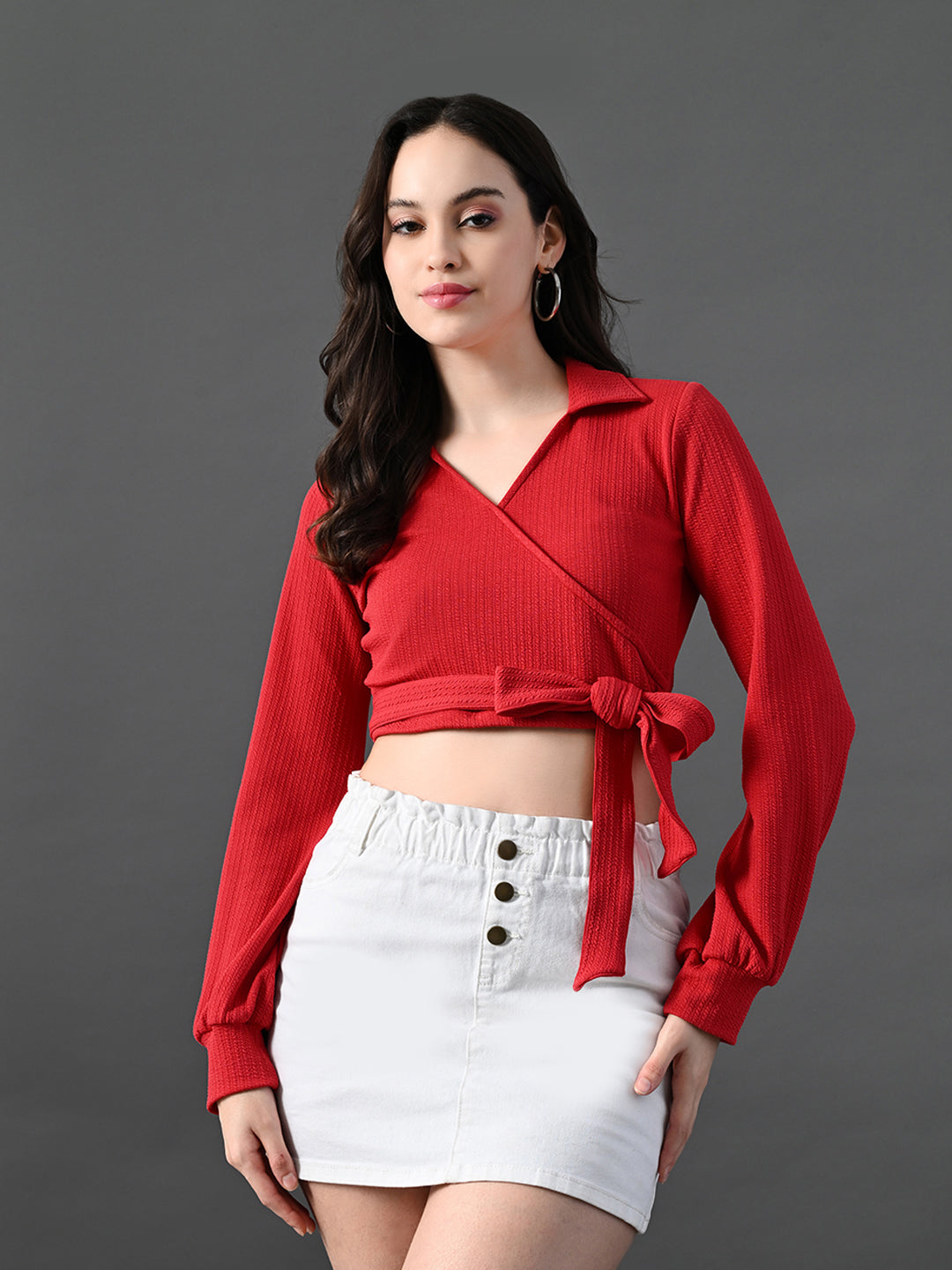 Myshka Women's Stylish Red Wrap Crop Top With Full Sleeves - Distacart