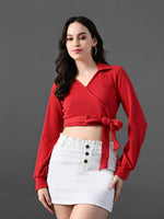 Thumbnail for Myshka Women's Stylish Red Wrap Crop Top With Full Sleeves - Distacart