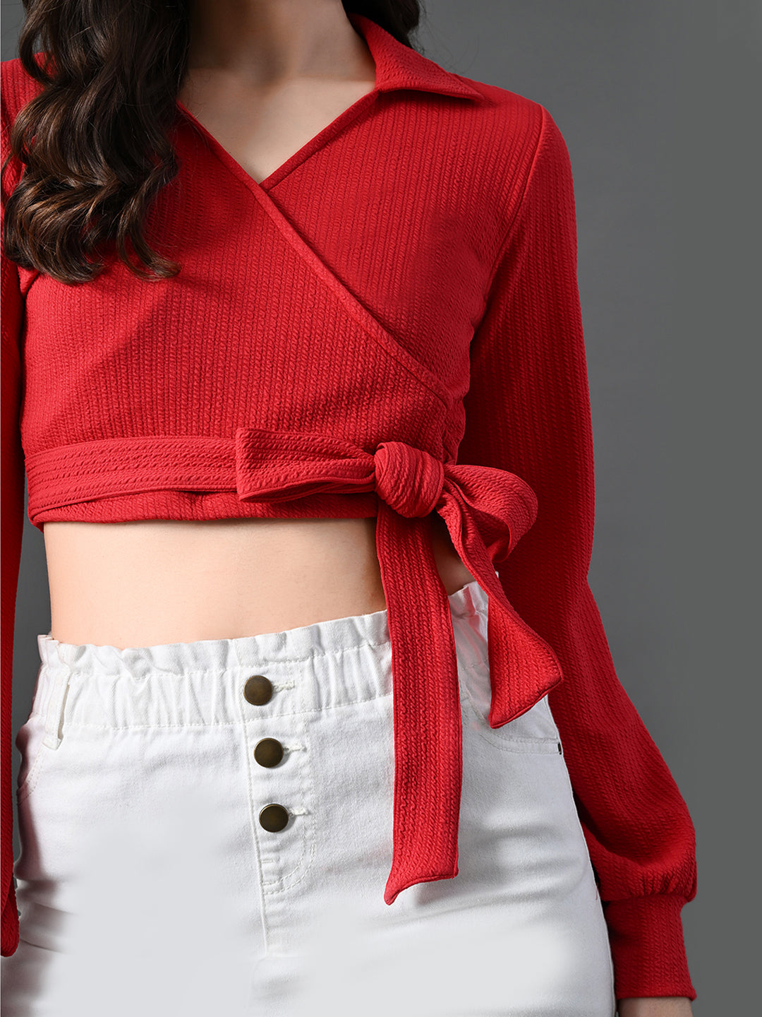 Myshka Women's Stylish Red Wrap Crop Top With Full Sleeves - Distacart