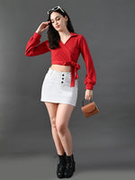 Thumbnail for Myshka Women's Stylish Red Wrap Crop Top With Full Sleeves - Distacart