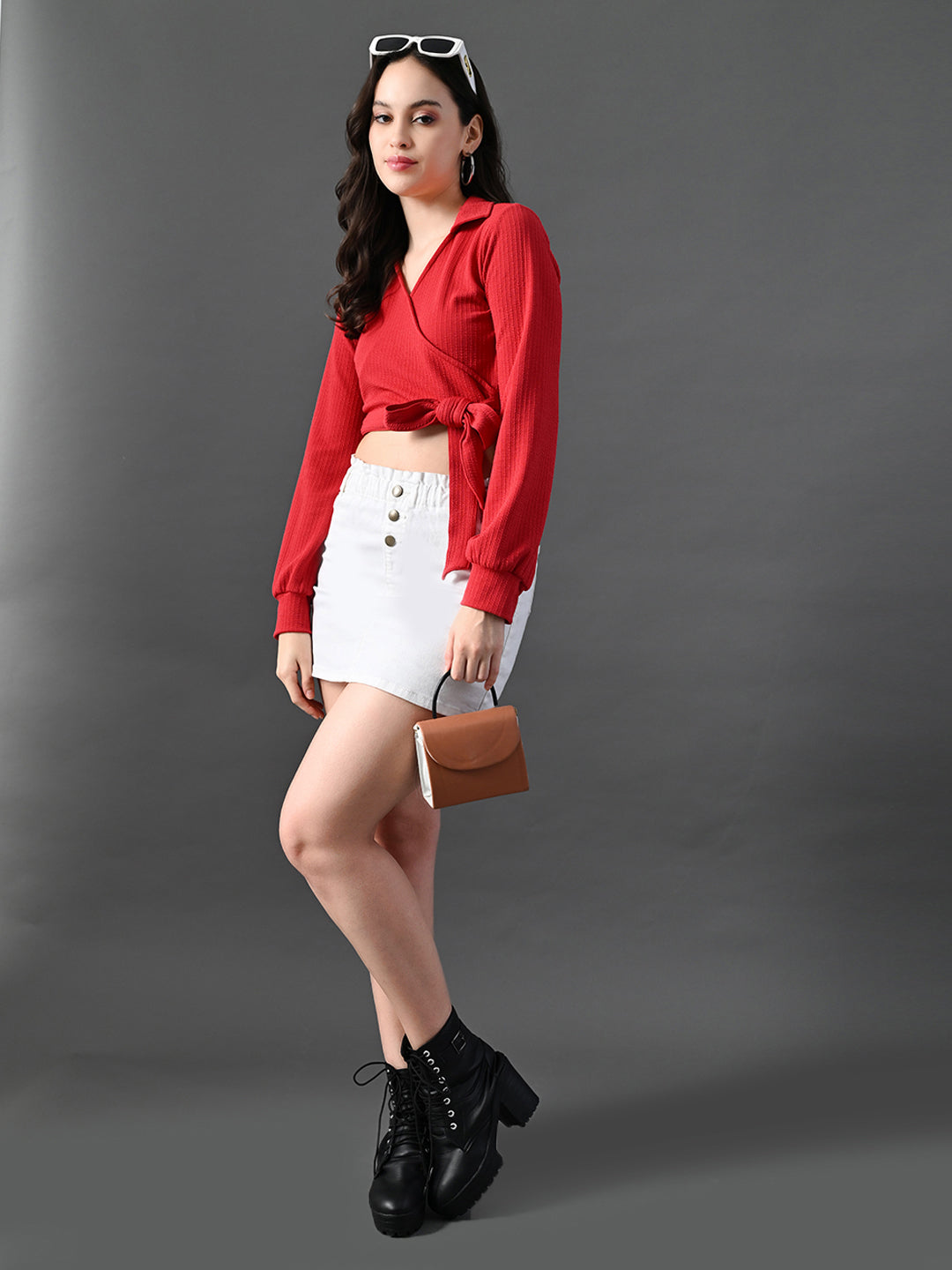 Myshka Women's Stylish Red Wrap Crop Top With Full Sleeves - Distacart