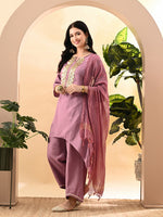 Thumbnail for Myshka Women's Embroidered Keyhole Neck Bell Sleeves Kurta & Palazzos Set With Dupattas In Lavender Colour - Distacart
