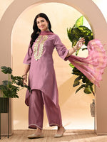 Thumbnail for Myshka Women's Embroidered Keyhole Neck Bell Sleeves Kurta & Palazzos Set With Dupattas In Lavender Colour - Distacart