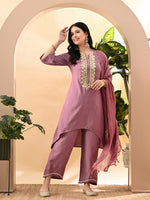 Thumbnail for Myshka Women's Embroidered Keyhole Neck Bell Sleeves Kurta & Palazzos Set With Dupattas In Lavender Colour - Distacart