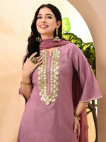 Thumbnail for Myshka Women's Embroidered Keyhole Neck Bell Sleeves Kurta & Palazzos Set With Dupattas In Lavender Colour - Distacart