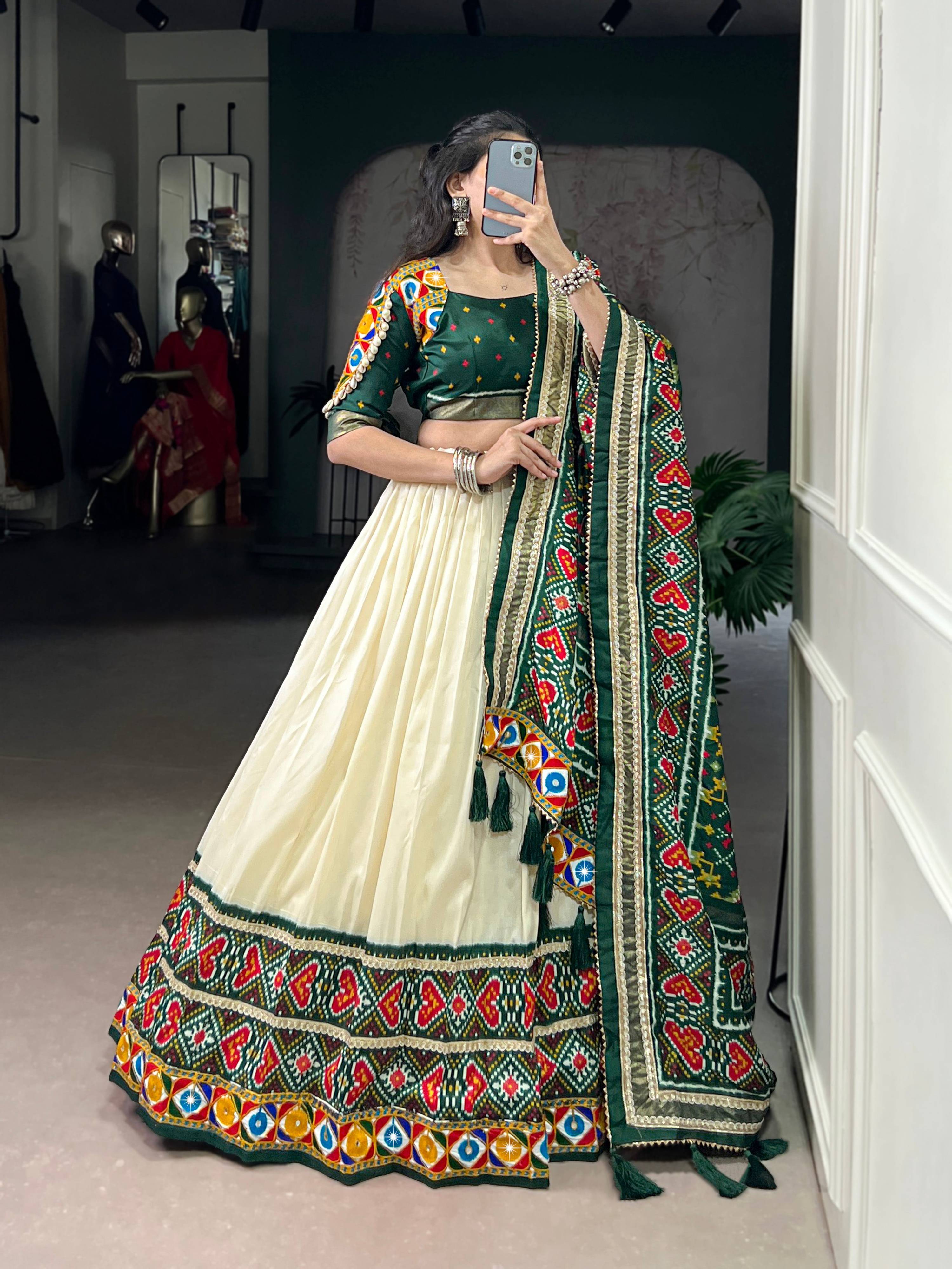 Lorenvalley Fashion Offwhite Tasar Silk Patola Print With Foil Work And Real Mirror Gamthi Work With Lace Touch Up Lehenga Choli with Dupatta