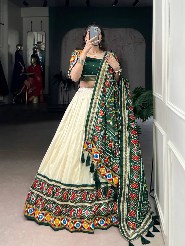 Lorenvalley Fashion Offwhite Tasar Silk Patola Print With Foil Work And Real Mirror Gamthi Work With Lace Touch Up Lehenga Choli with Dupatta