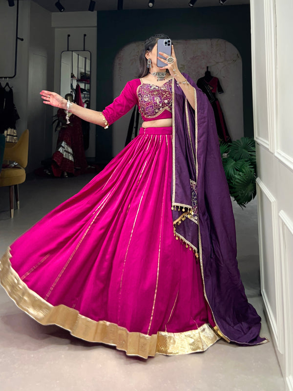 Lorenvalley Pink Chanderi Plain With Zari Line Gota Patti And Embossed Design Lace Touch Up Lehenga Choli with Dupatta - Distacart