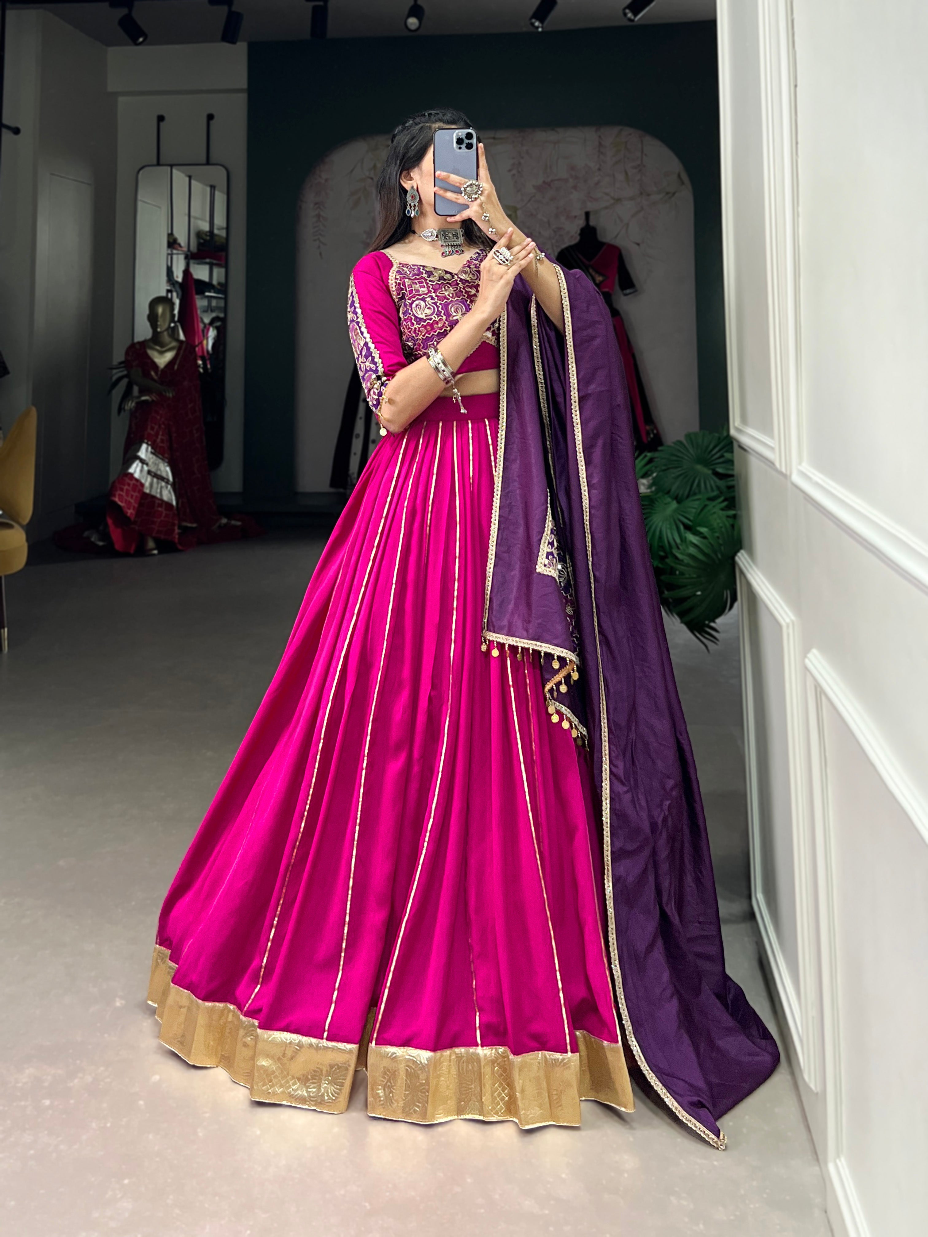 Lorenvalley Pink Chanderi Plain With Zari Line Gota Patti And Embossed Design Lace Touch Up Lehenga Choli with Dupatta - Distacart
