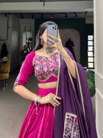 Thumbnail for Lorenvalley Pink Chanderi Plain With Zari Line Gota Patti And Embossed Design Lace Touch Up Lehenga Choli with Dupatta - Distacart