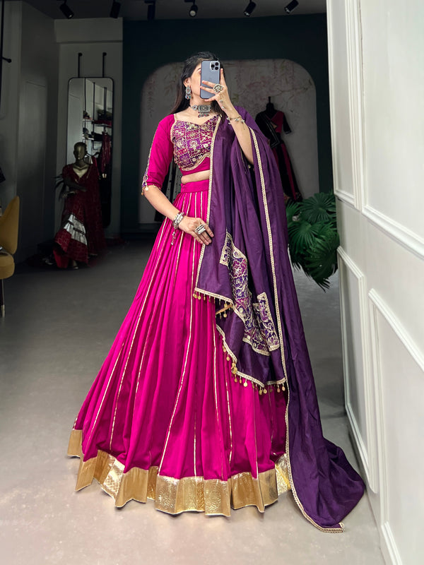 Lorenvalley Pink Chanderi Plain With Zari Line Gota Patti And Embossed Design Lace Touch Up Lehenga Choli with Dupatta - Distacart
