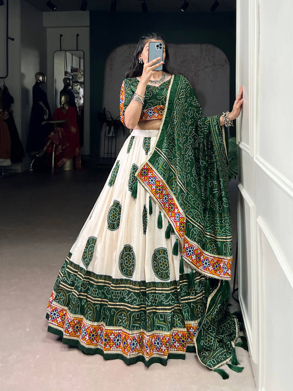 Lorenvalley Fashion Offwhite Tasar Silk Bandhej Print and Gamthi Work with Lace Touch Up Lehenga Choli with Dupatta