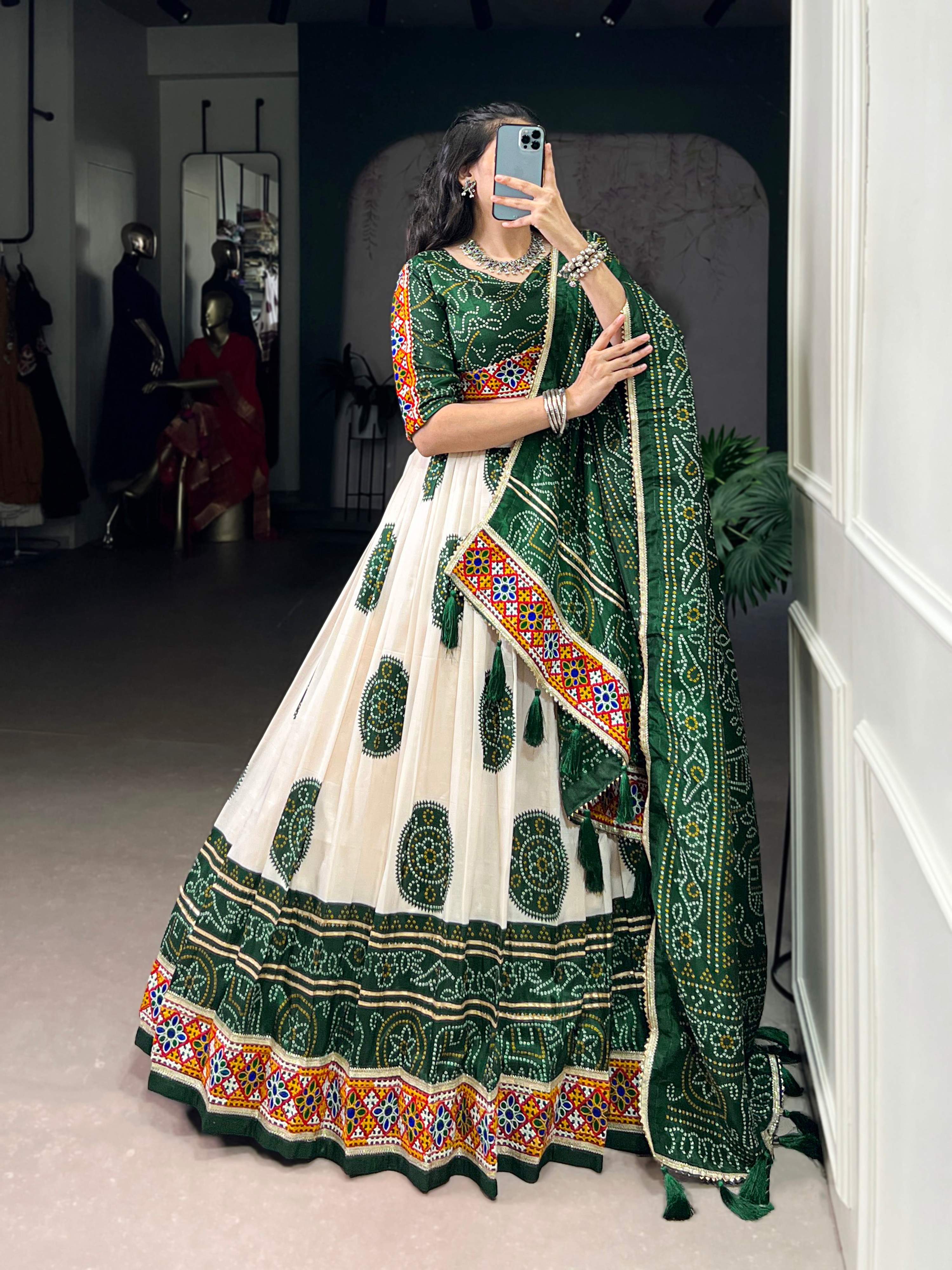 Lorenvalley Fashion Offwhite Tasar Silk Bandhej Print and Gamthi Work with Lace Touch Up Lehenga Choli with Dupatta