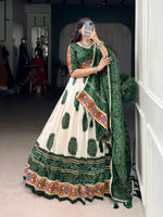Thumbnail for Lorenvalley Fashion Offwhite Tasar Silk Bandhej Print and Gamthi Work with Lace Touch Up Lehenga Choli with Dupatta