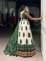 Thumbnail for Lorenvalley Fashion Offwhite Tasar Silk Bandhej Print and Gamthi Work with Lace Touch Up Lehenga Choli with Dupatta