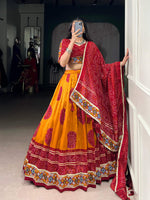 Thumbnail for Lorenvalley Fashion Mustard Tasar Silk Bandhej Print and Gamthi Work with Lace Touch Up Lehenga Choli with Dupatta