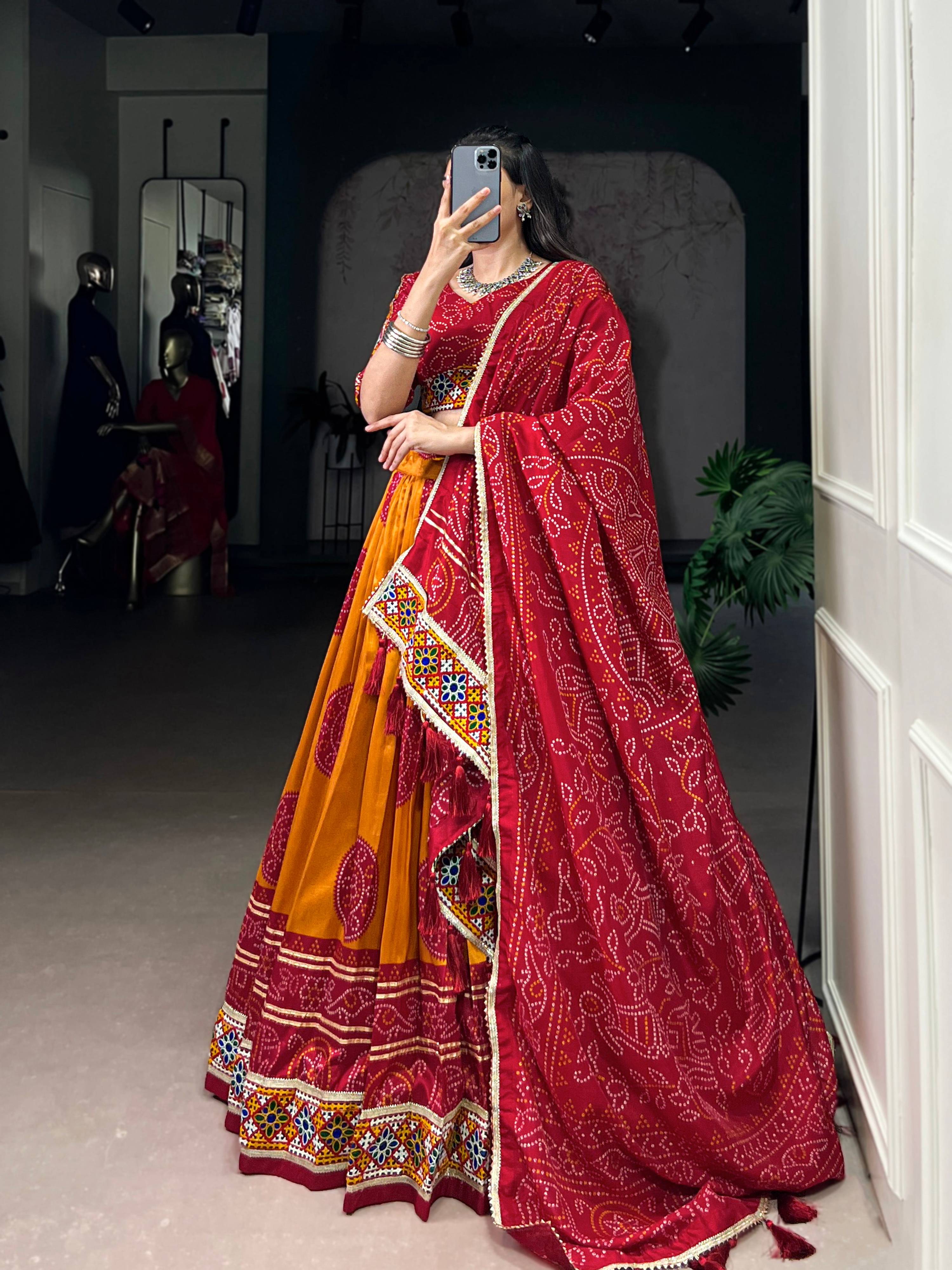 Lorenvalley Fashion Mustard Tasar Silk Bandhej Print and Gamthi Work with Lace Touch Up Lehenga Choli with Dupatta
