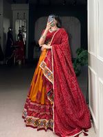 Thumbnail for Lorenvalley Fashion Mustard Tasar Silk Bandhej Print and Gamthi Work with Lace Touch Up Lehenga Choli with Dupatta