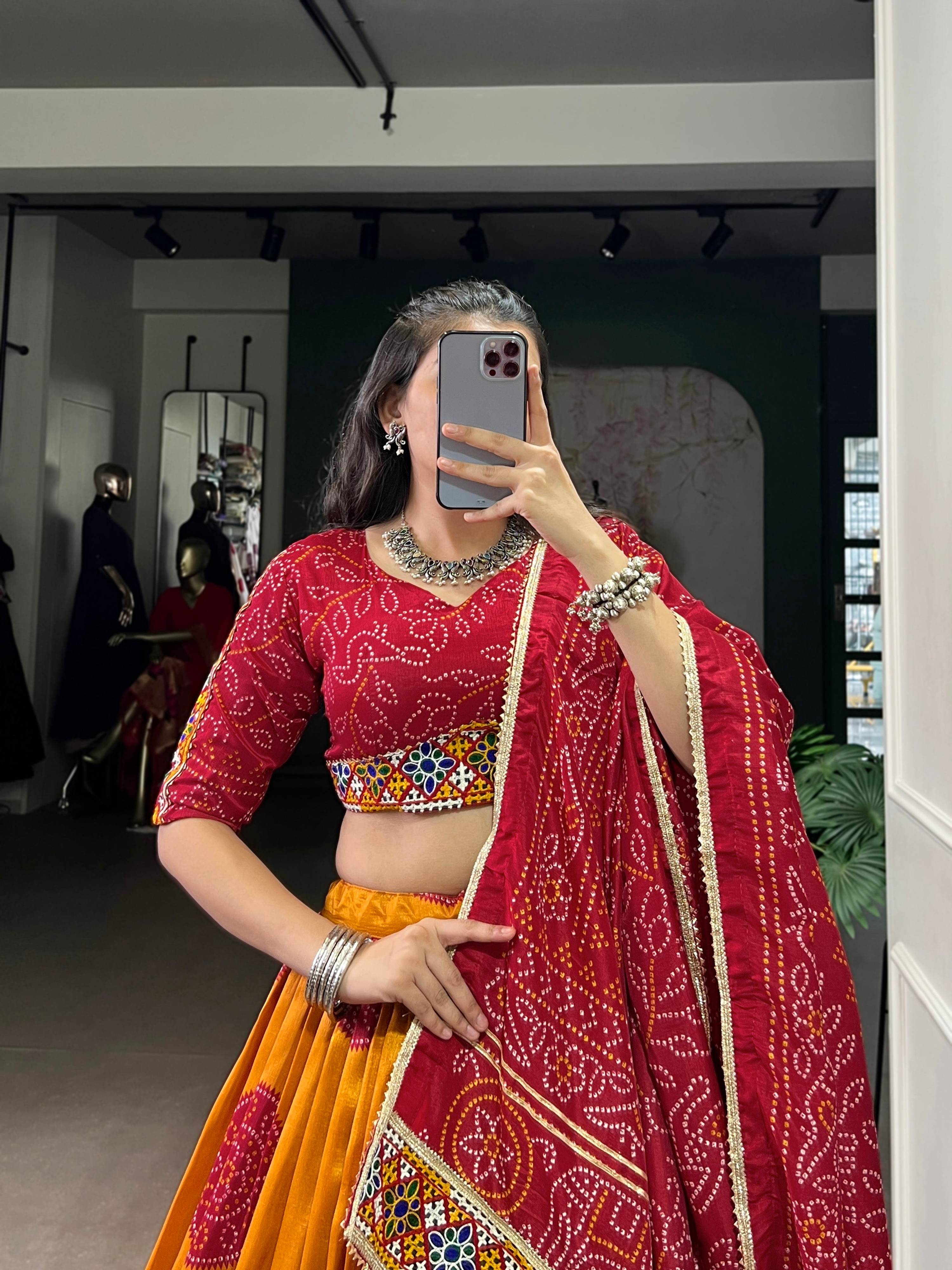 Lorenvalley Fashion Mustard Tasar Silk Bandhej Print and Gamthi Work with Lace Touch Up Lehenga Choli with Dupatta