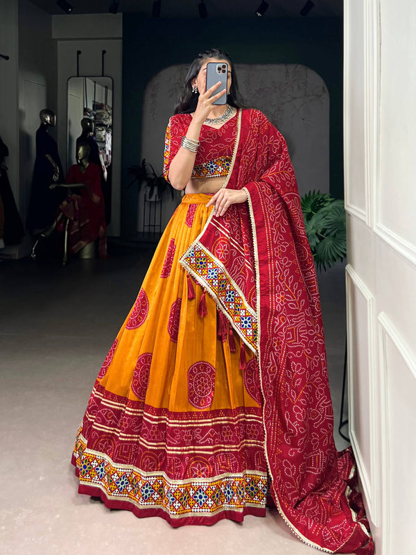 Lorenvalley Fashion Mustard Tasar Silk Bandhej Print and Gamthi Work with Lace Touch Up Lehenga Choli with Dupatta