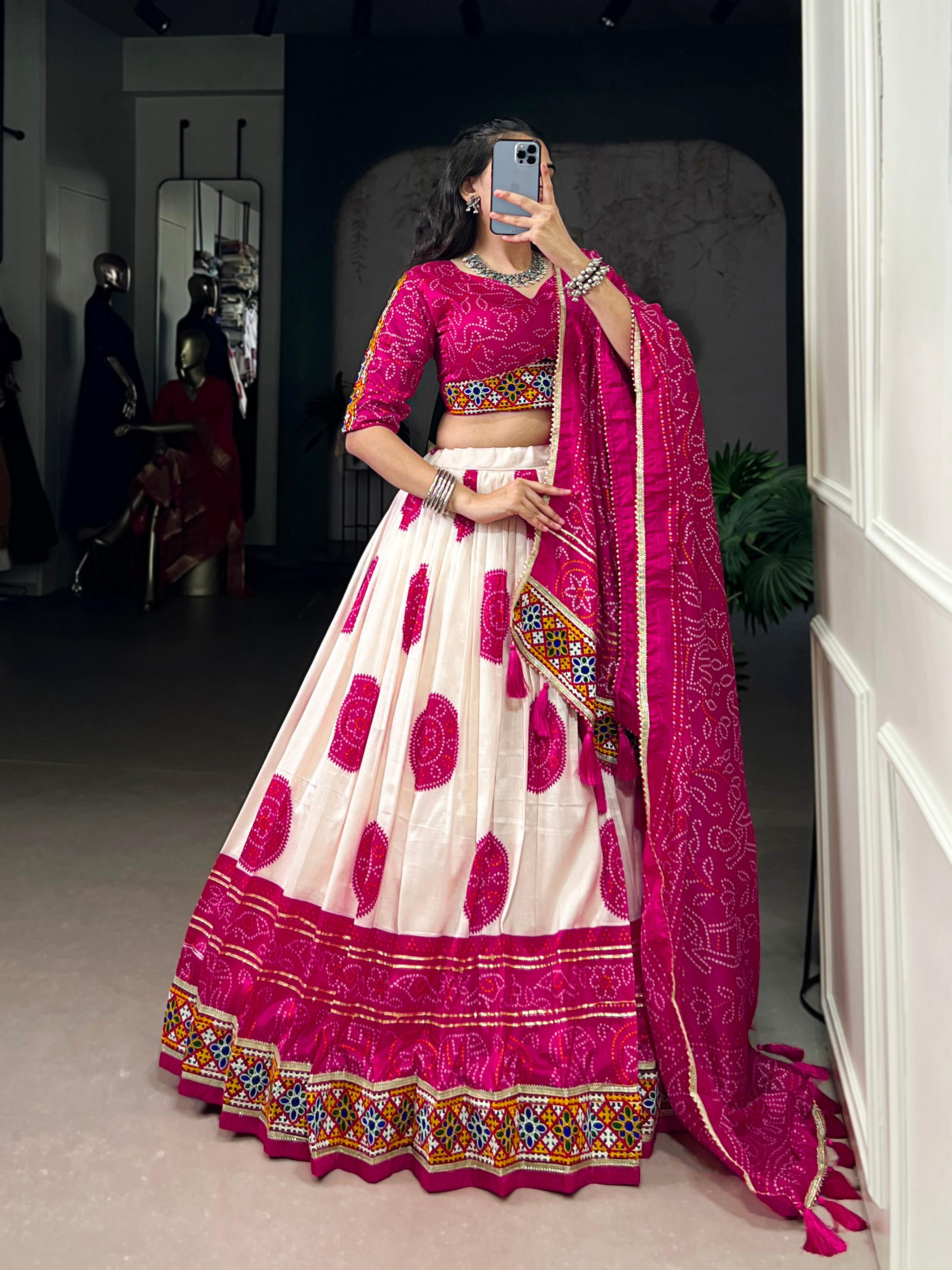 Lorenvalley Fashion Offwhite Tasar Silk Bandhej Print and Gamthi Work with Lace Touch Up Lehenga Choli with Dupatta