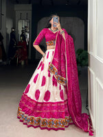 Thumbnail for Lorenvalley Fashion Offwhite Tasar Silk Bandhej Print and Gamthi Work with Lace Touch Up Lehenga Choli with Dupatta