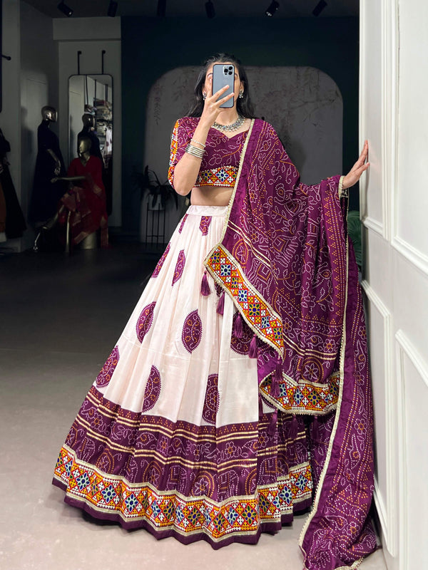 Lorenvalley Fashion Offwhite Tasar Silk Bandhej Print and Gamthi Work with Lace Touch Up Lehenga Choli with Dupatta