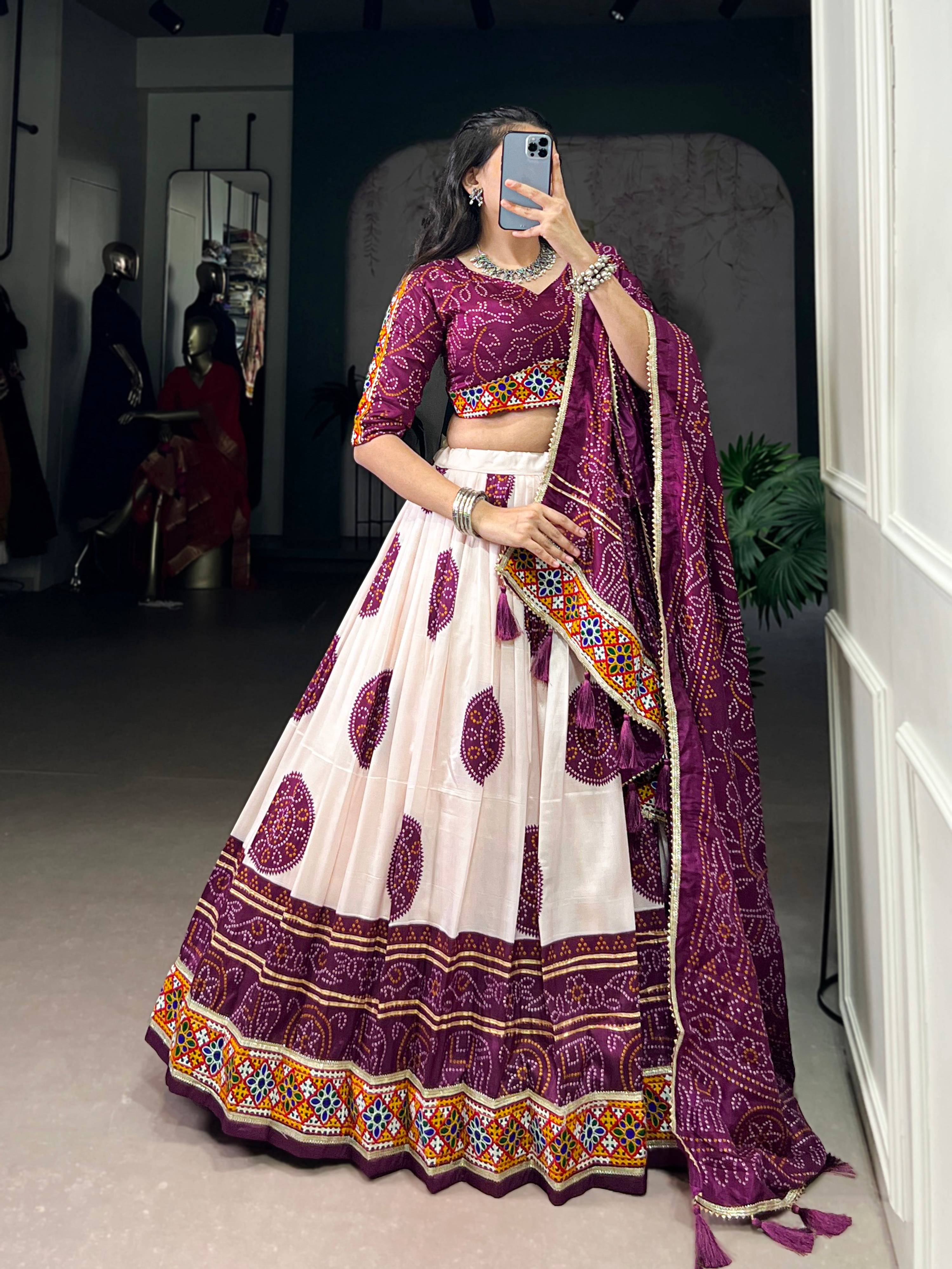 Lorenvalley Fashion Offwhite Tasar Silk Bandhej Print and Gamthi Work with Lace Touch Up Lehenga Choli with Dupatta