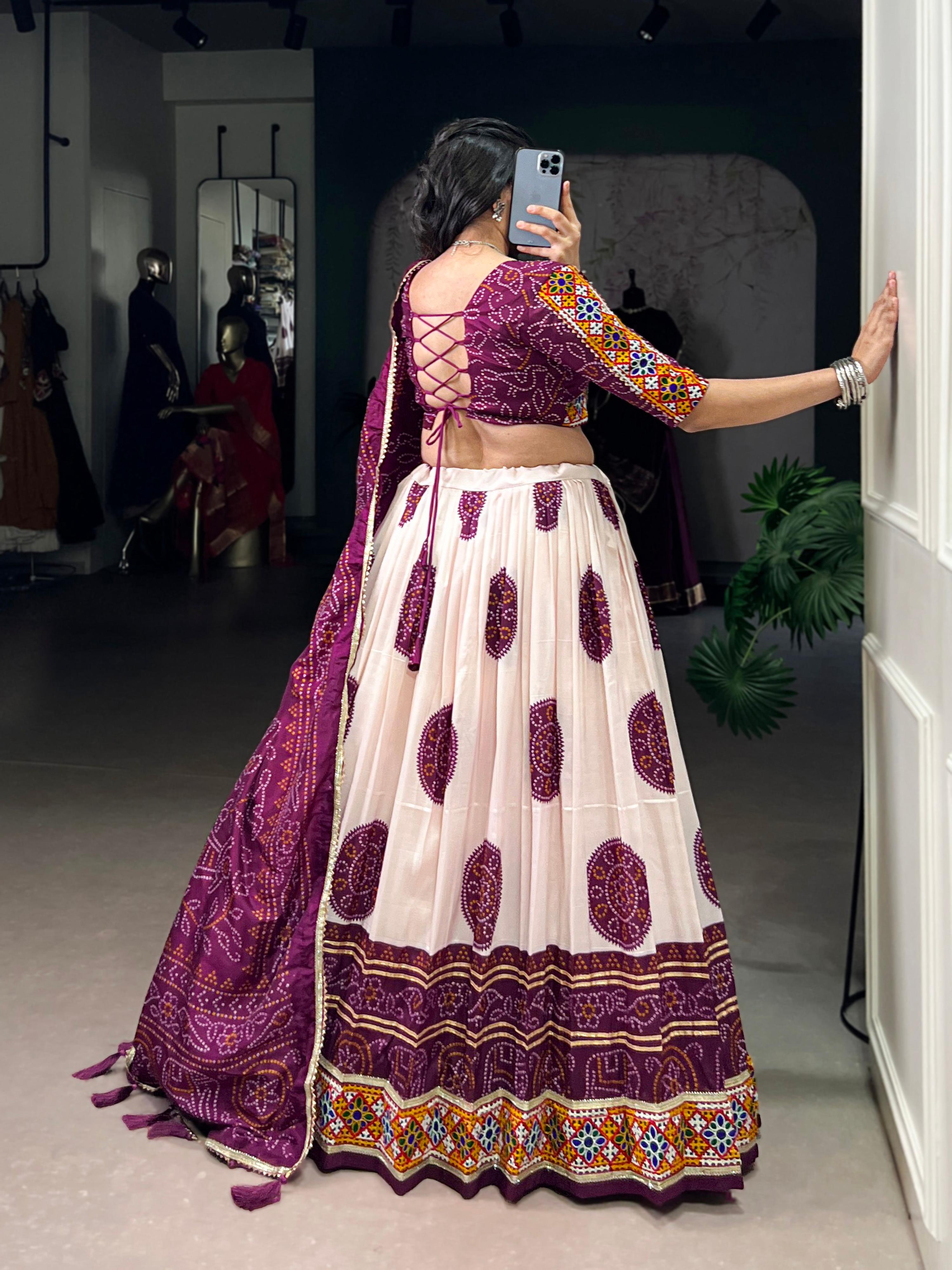 Lorenvalley Fashion Offwhite Tasar Silk Bandhej Print and Gamthi Work with Lace Touch Up Lehenga Choli with Dupatta
