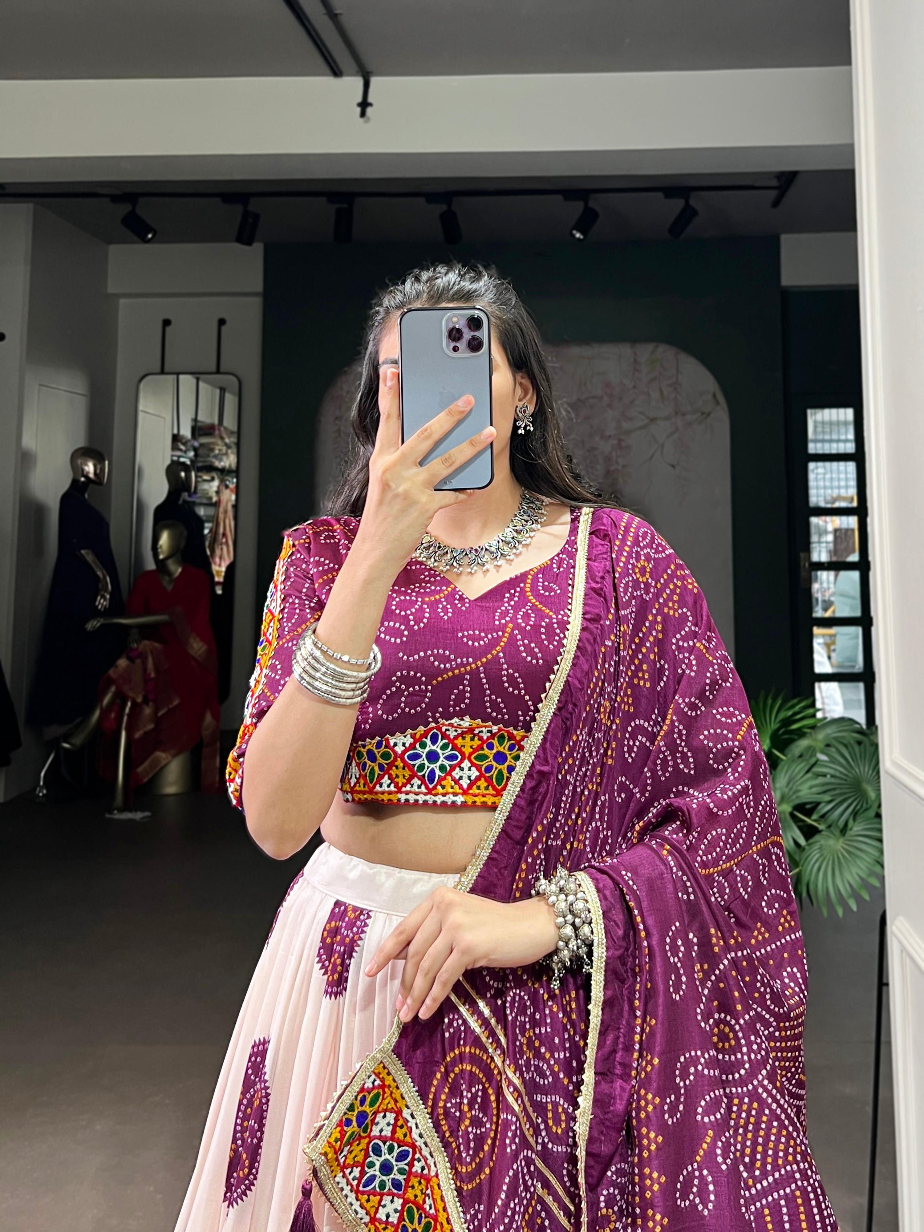 Lorenvalley Fashion Offwhite Tasar Silk Bandhej Print and Gamthi Work with Lace Touch Up Lehenga Choli with Dupatta