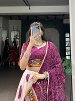 Thumbnail for Lorenvalley Fashion Offwhite Tasar Silk Bandhej Print and Gamthi Work with Lace Touch Up Lehenga Choli with Dupatta