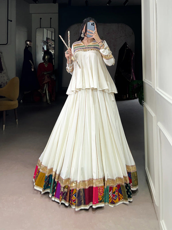 Lorenvalley Fashion White Pure Rayon Multi Patch Work With Gota Patti Lace Touch Up Lehenga Choli