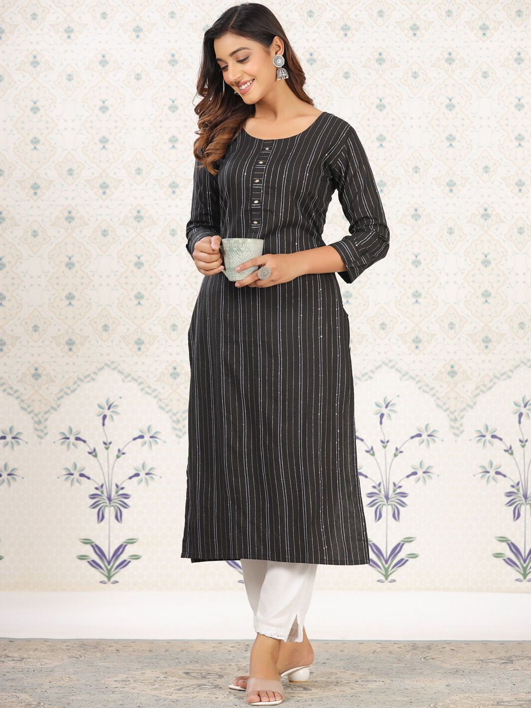 Ode by House of Pataudi Striped Round Neck Straight Cotton Kurta - Distacart