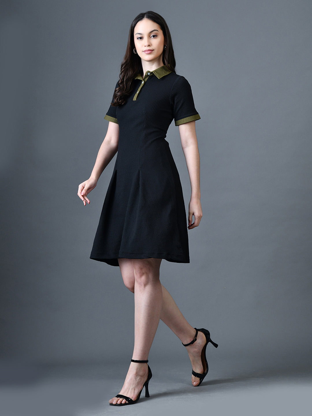 Myshka Women Black Polyester A-Line Shirt Collar Solid Above Knee Short Sleeves Dresses - Distacart
