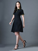Thumbnail for Myshka Women Black Polyester A-Line Shirt Collar Solid Above Knee Short Sleeves Dresses - Distacart