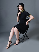 Thumbnail for Myshka Women Black Polyester A-Line Shirt Collar Solid Above Knee Short Sleeves Dresses - Distacart