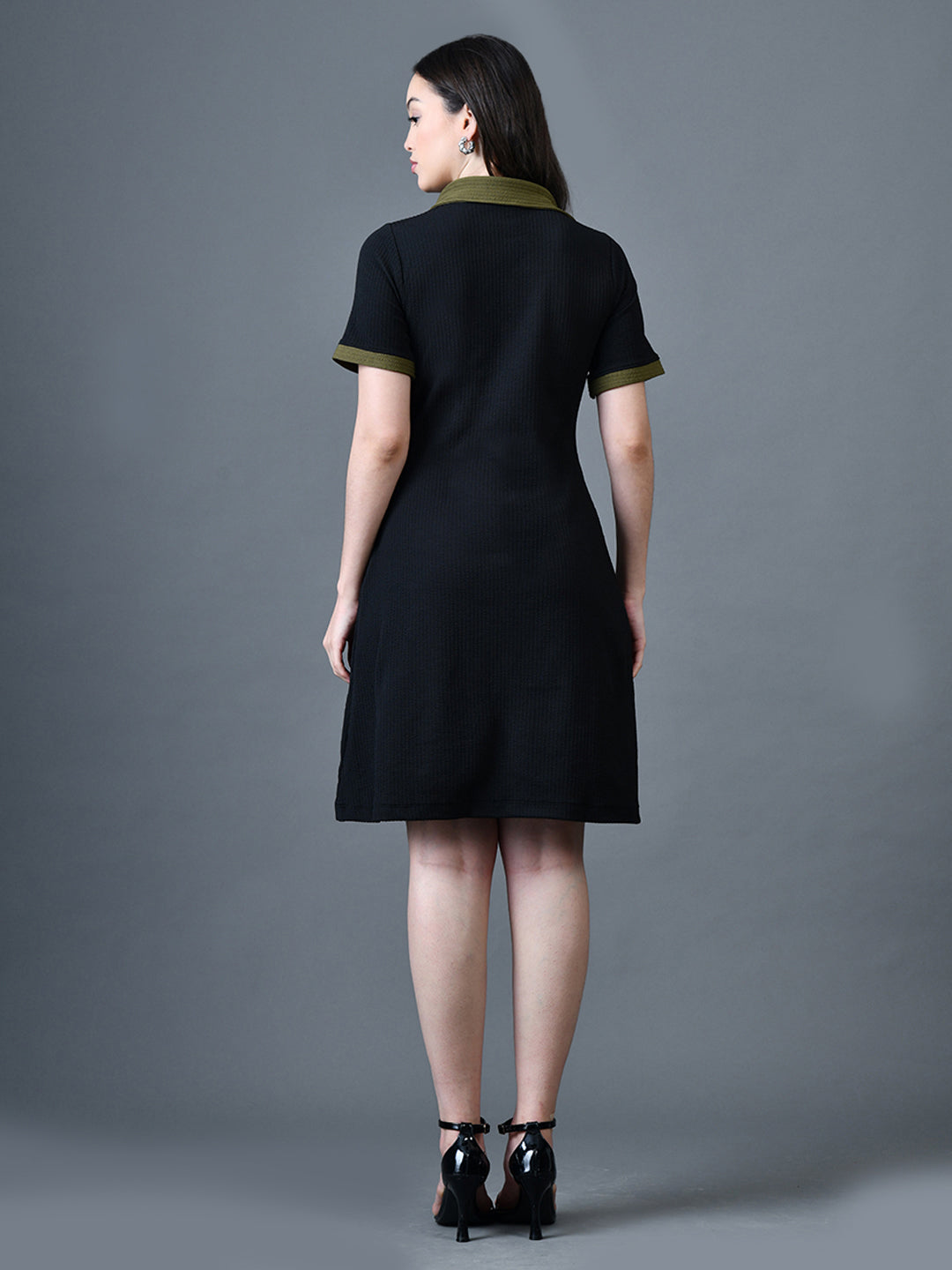 Myshka Women Black Polyester A-Line Shirt Collar Solid Above Knee Short Sleeves Dresses - Distacart