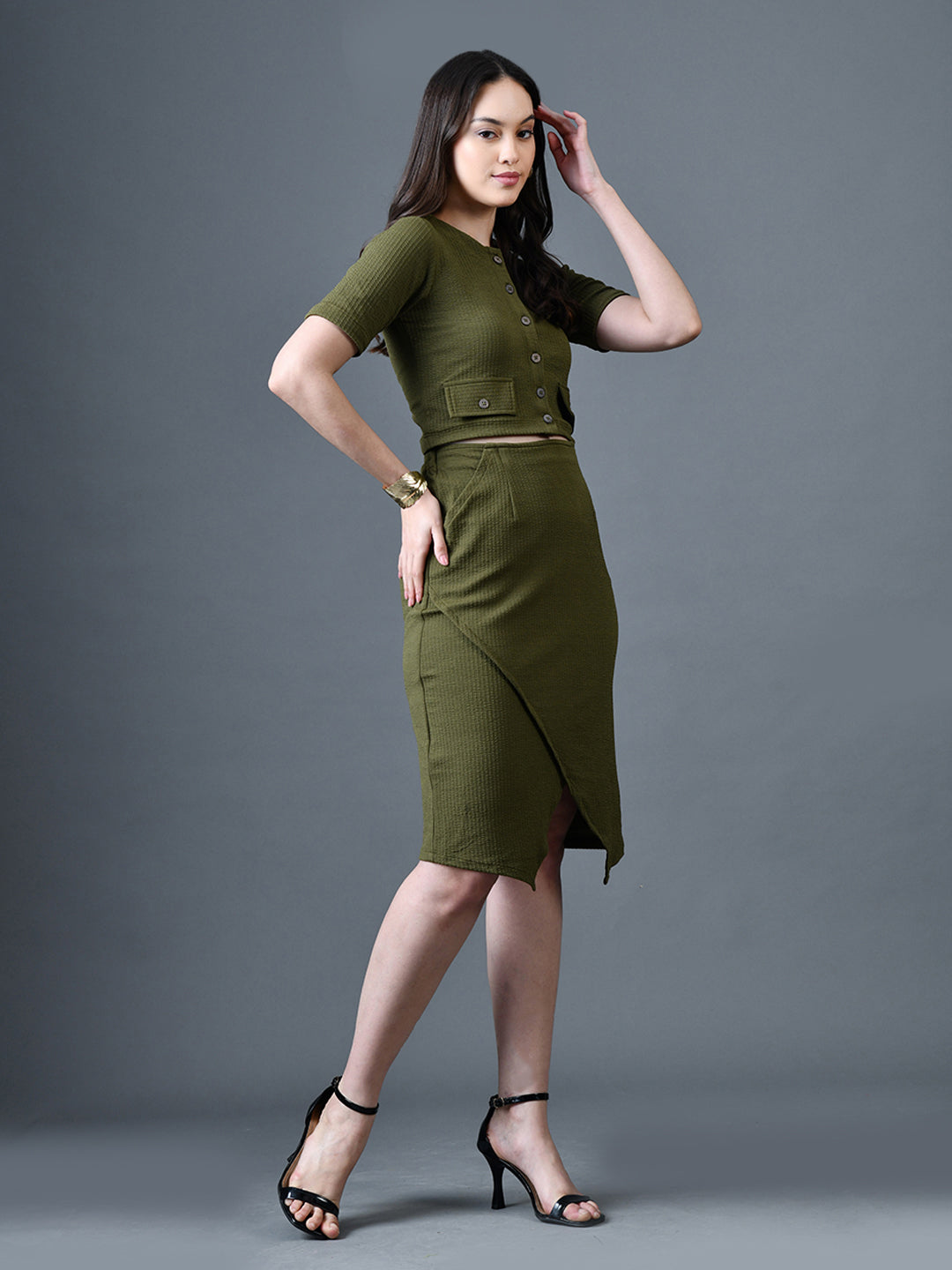 Myshka Women Olive Polyester A-Line Round Neck Solid Knee Length Short Sleeves Co-Ords - Distacart