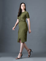 Thumbnail for Myshka Women Olive Polyester A-Line Round Neck Solid Knee Length Short Sleeves Co-Ords - Distacart