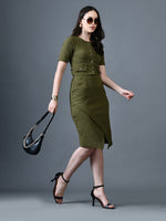 Thumbnail for Myshka Women Olive Polyester A-Line Round Neck Solid Knee Length Short Sleeves Co-Ords - Distacart