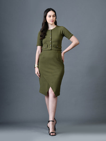 Myshka Women Olive Polyester A-Line Round Neck Solid Knee Length Short Sleeves Co-Ords - Distacart